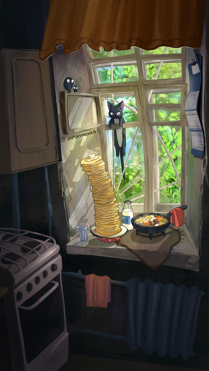 animal_focus battery bird bottle butter calendar_(object) cat cup drinking_glass food fried_egg frying_pan hanging highres kitchen looking_at_object milk_bottle mushroom no_humans original pancake plate stove studio_ghibli_(style) third-party_source web_address window yamastachka