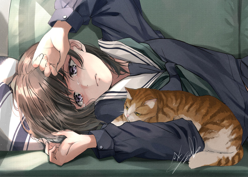 1girl animal animal_on_arm black_neckerchief black_stripes blue_serafuku blue_skirt brown_hair buttoned_cuffs buttons cat commentary_request couch crying crying_with_eyes_open fingernails grey_eyes hand_on_own_head head_on_pillow highres indoors long_sleeves looking_down lying medium_hair multicolored_fur neckerchief on_couch on_side orange_cat orange_fur original parted_lips sad sailor_collar school_uniform serafuku signature skirt solo soragane_(banisinngurei) striped tabby_cat tearing_up tears upper_body wavy_mouth white_fur white_sailor_collar