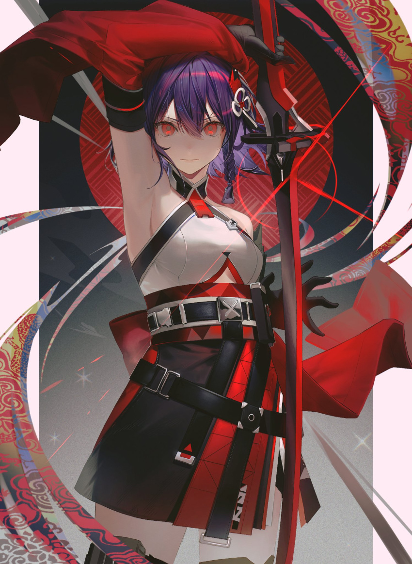 1girl aether_gazer arm_up armpits back_bow bare_shoulders belt black_belt black_gloves black_skirt border bow braid breasts buzenbo_(aether_gazer) closed_mouth crop_top detached_sleeves gloves hair_between_eyes hair_ornament hand_up heikokuru1224 highres holding holding_sword holding_weapon long_sleeves looking_at_viewer medium_breasts outside_border pink_border purple_hair red_bow red_eyes short_hair single_braid skirt solo standing sword v-shaped_eyebrows weapon wide_sleeves