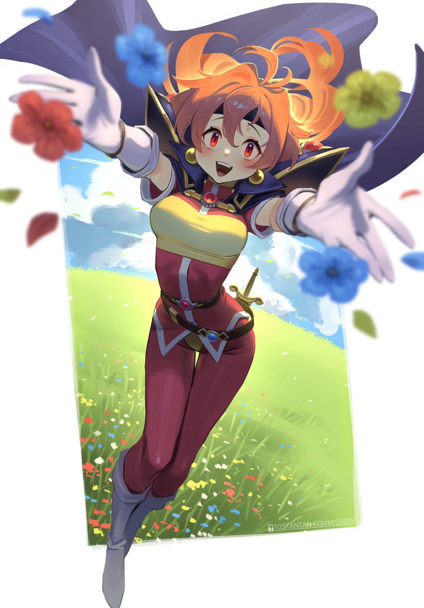 1girl :d armor belt blurry blurry_foreground boots cape commission depth_of_field earrings flower gloves grasslands headband highres jewelry lina_inverse looking_at_viewer orange_hair pants red_eyes shoulder_armor slayers smile solo teeth tostantan upper_teeth_only white_gloves