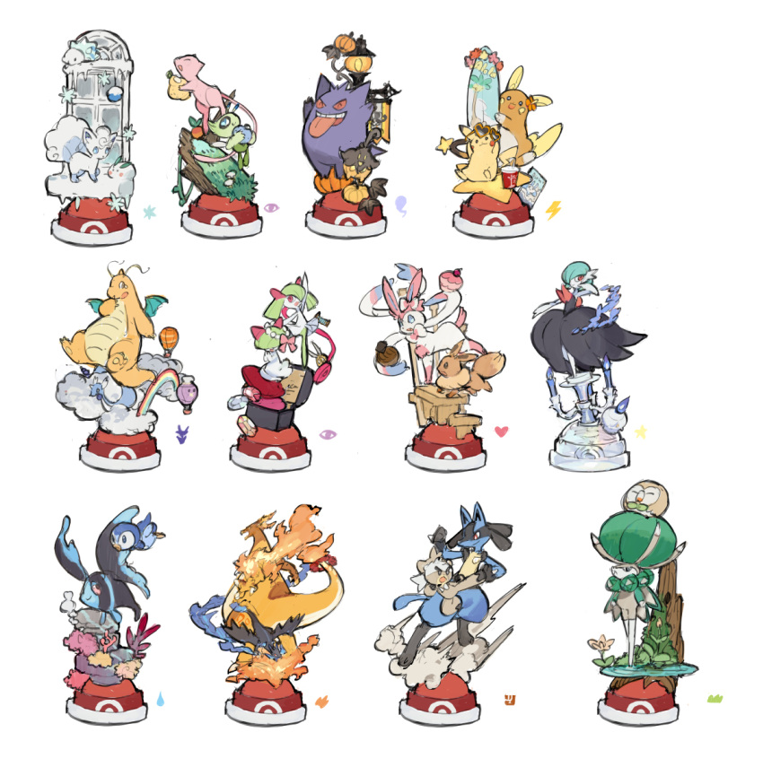 6+others aircraft alolan_raichu alolan_vulpix black_skin blue_eyes blue_fur bow brown_eyes calyrex candle celebi charizard cherry climbing closed_eyes clouds colored_skin colored_text coral dragon dragon_tail dragon_wings dragonite dratini drifloon eevee exeggutor fighting_stance fire fish flame flower flying food fruit gardevoir gem gengar gigantamax gigantamax_charizard grass green_skin grey_gemstone head_wreath heart heart-shaped_eyewear highres holding holding_food holding_fruit hot_air_balloon ice jewelry kirlia kubfu lamppost lightning_bolt_symbol lit_candle litwick log looking_at_another looking_down looking_to_the_side looking_up lucario lumineon mantine mega_charizard_x mega_gardevoir mega_pokemon mew_(pokemon) multiple_others mushroom necklace on_water open_mouth open_smile orange_fur orange_gemstone orange_skin pearl_necklace pikachu pink_bow pink_eyes pink_skin piplup plant pokemon pokemon_(creature) pumpkaboo pumpkin raichu rainbow ralts red_eyes red_gemstone red_ribbon ribbon rowlet scissors smile snom stairs standing standing_on_liquid star_(symbol) starshadowmagician sunglasses surfboard swimming sylveon tail teeth tongue tongue_out upper_teeth_only vines vulpix water white_background white_fur white_skin window wings yellow_fur