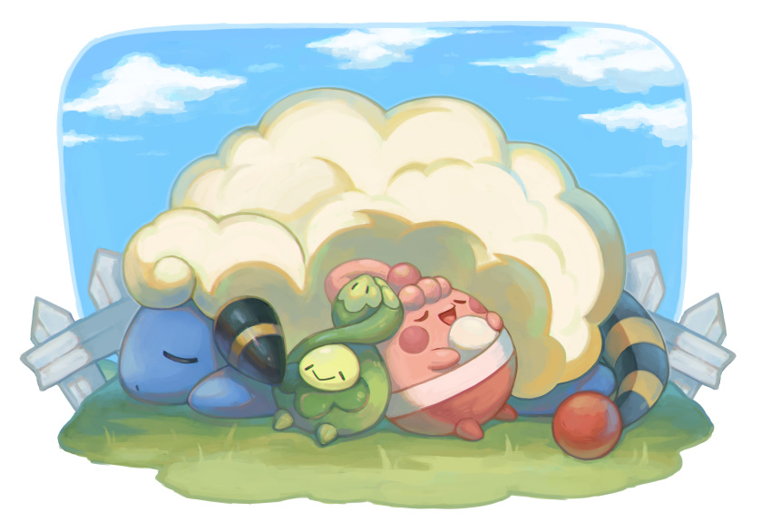 absurdres budew closed_eyes closed_mouth clouds commentary_request day fence grass happiny highres korean_commentary lying mareep no_humans outdoors pokemon pokemon_(creature) raid_(donghyeok) sky sleeping smile