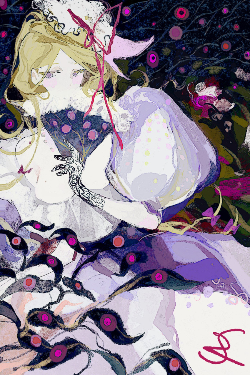 abstract_background black_gloves blonde_hair blush_stickers bow commentary dress eyes_in_shadow fan_to_mouth fluffy_fan folding_fan gap_(touhou) gloves hand_fan hat hat_ribbon highres holding holding_fan long_hair mob_cap oil_painting_(medium) painting_(medium) puffy_short_sleeves puffy_sleeves purple_bow purple_dress red_ribbon ribbon short_sleeves sidelocks signature surreal syzpupu touhou traditional_media very_long_hair violet_eyes white_dress white_headwear yakumo_yukari