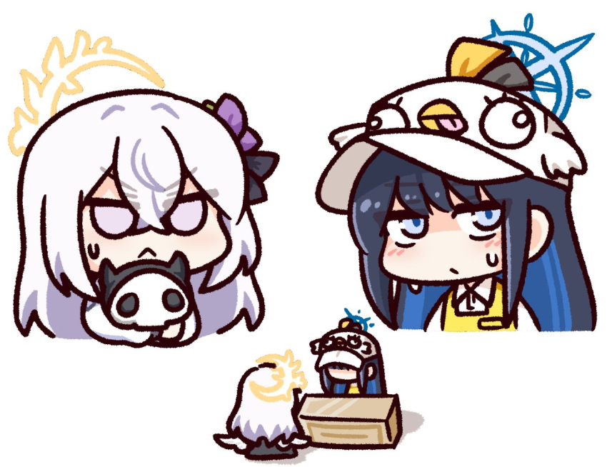 2girls alternate_costume apron azusa_(blue_archive) baseball_cap black_hair blue_archive blue_eyes blue_halo blush chibi closed_mouth collared_shirt commentary_request concha_(mamecha) flower hair_flower hair_ornament halo hat holding holding_stuffed_toy long_hair looking_at_another looking_away low_wings multiple_girls multiple_views no_mask peroro_(blue_archive) purple_flower saori_(blue_archive) shirt simple_background stuffed_toy sweatdrop upper_body violet_eyes white_background white_hair white_shirt white_wings wings yellow_apron yellow_halo