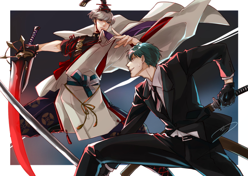 2boys black_gloves black_necktie black_suit blue_hair bowl_cut brown_eyes collared_shirt fate/grand_order fate_(series) formal gloves hadanugi_dousa heian highres holding holding_sword holding_weapon igote japanese_clothes katana kisindaomoi-riraito long_sleeves looking_at_another male_focus multiple_boys necktie profile saitou_hajime_(fate) sheath sheathed shirt short_hair signature smile suit sword unsheathing watanabe_no_tsuna_(fate) weapon white_shirt