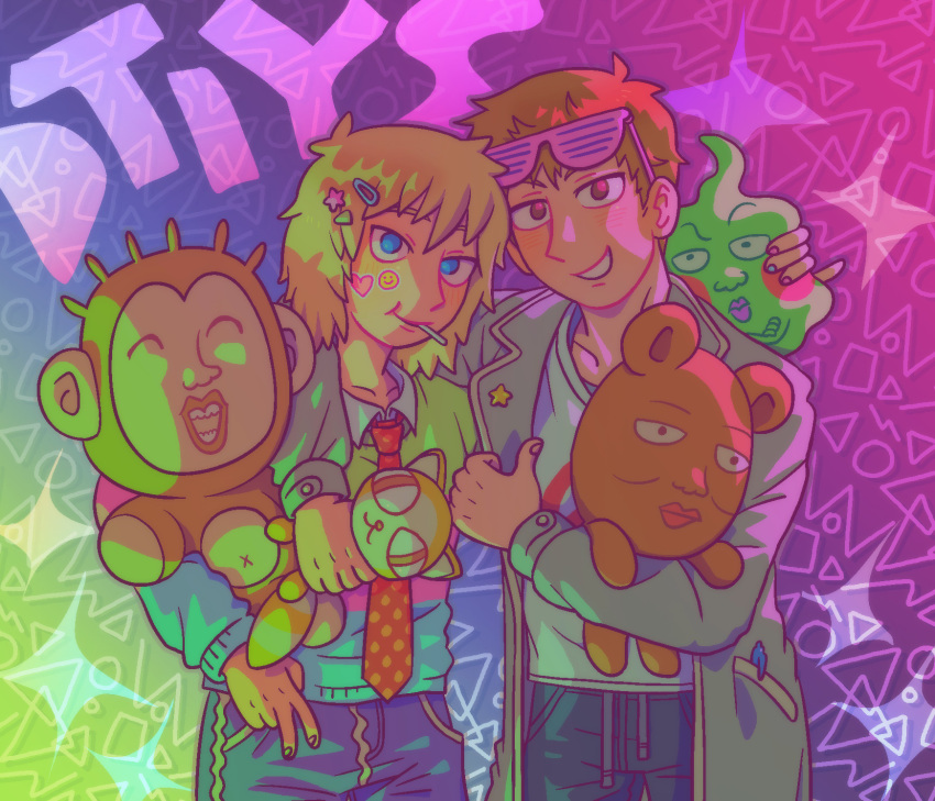 2boys arm_around_shoulder blonde_hair blue_eyes closed_mouth collared_shirt commentary draw_this_in_your_style_challenge ekubo_(mob_psycho_100) english_commentary eyewear_on_head grey_jacket hair_ornament hairclip hanazawa_teruki highres holding holding_stuffed_toy jacket long_sleeves looking_at_viewer male_focus metukika mob_psycho_100 multiple_boys nail_polish necktie pink_nails red_necktie reigen_arataka shirt short_hair shutter_shades smile spirit standing sticker_on_face stuffed_animal stuffed_cat stuffed_monkey stuffed_toy white_shirt