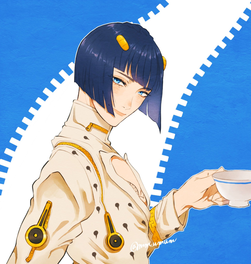 1boy black_hair blue_background blue_eyes blunt_bangs bob_cut bruno_bucciarati cup from_side hair_ornament hairclip highres holding holding_cup jacket jojo_no_kimyou_na_bouken looking_at_viewer male_focus mm_umum pectoral_cleavage pectorals short_hair smile solo two-tone_background upper_body vento_aureo white_background white_jacket zipper zipper_pull_tab