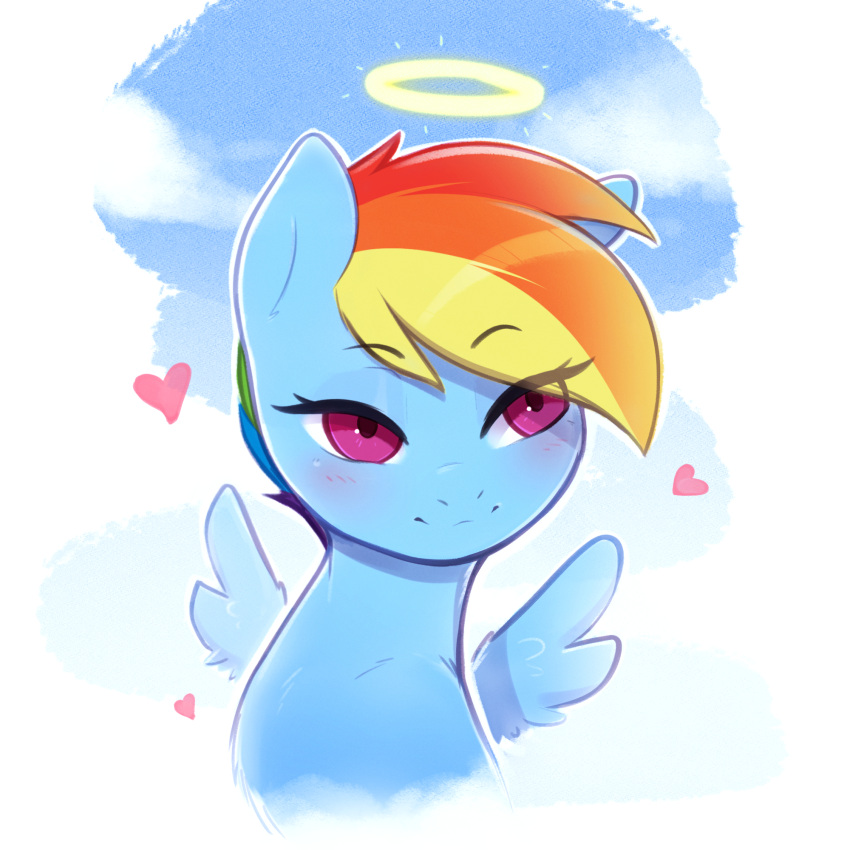 blush closed_mouth cropped_torso day halo heart highres looking_at_viewer multicolored_hair my_little_pony my_little_pony:_friendship_is_magic no_humans pink_eyes pudgeruffian rainbow_dash rainbow_hair smile wings