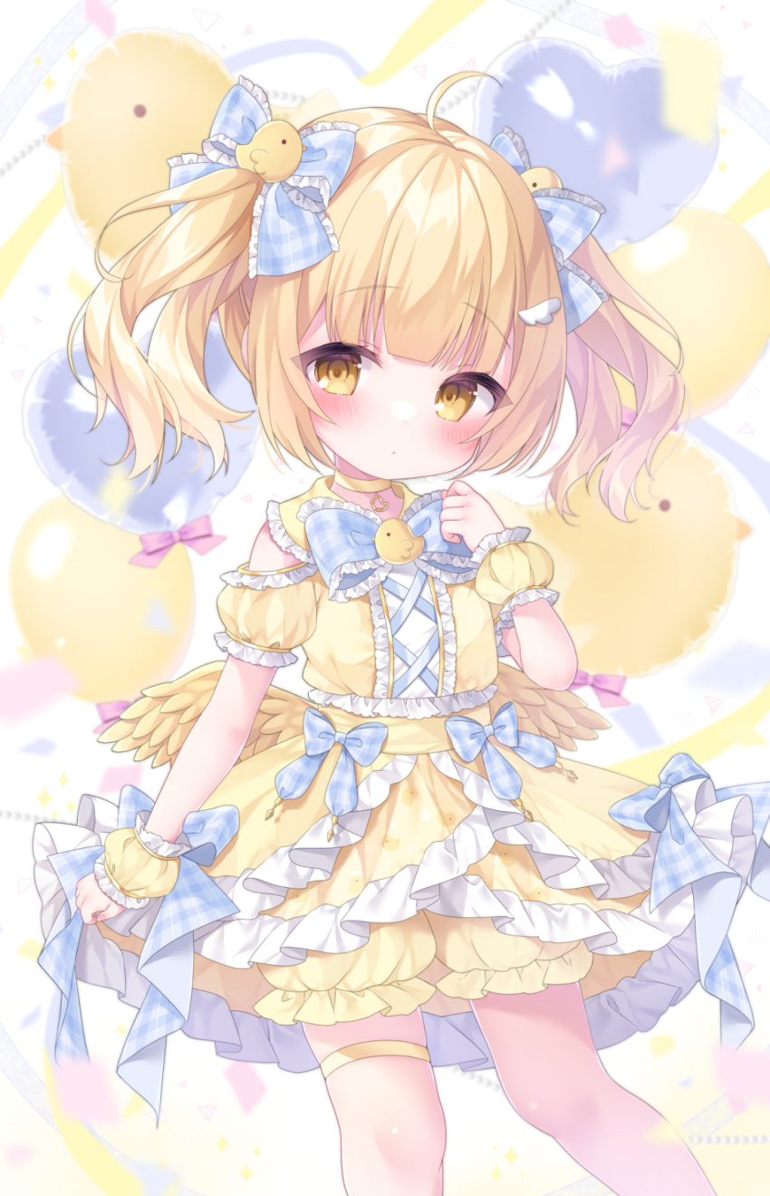 1girl :o ahoge balloon bird blonde_hair blue_bow blunt_bangs blush bow chick child choker dress feathered_wings female_child frilled_dress frills hair_bow hand_up heart heart_balloon highres indie_virtual_youtuber looking_at_viewer low_wings momochi_chia open_mouth pink_bow piyo_niwasaki puffy_dress ribbon short_hair short_twintails solo thigh_strap twintails white_background wings wrist_cuffs yellow_choker yellow_eyes yellow_theme yellow_wings