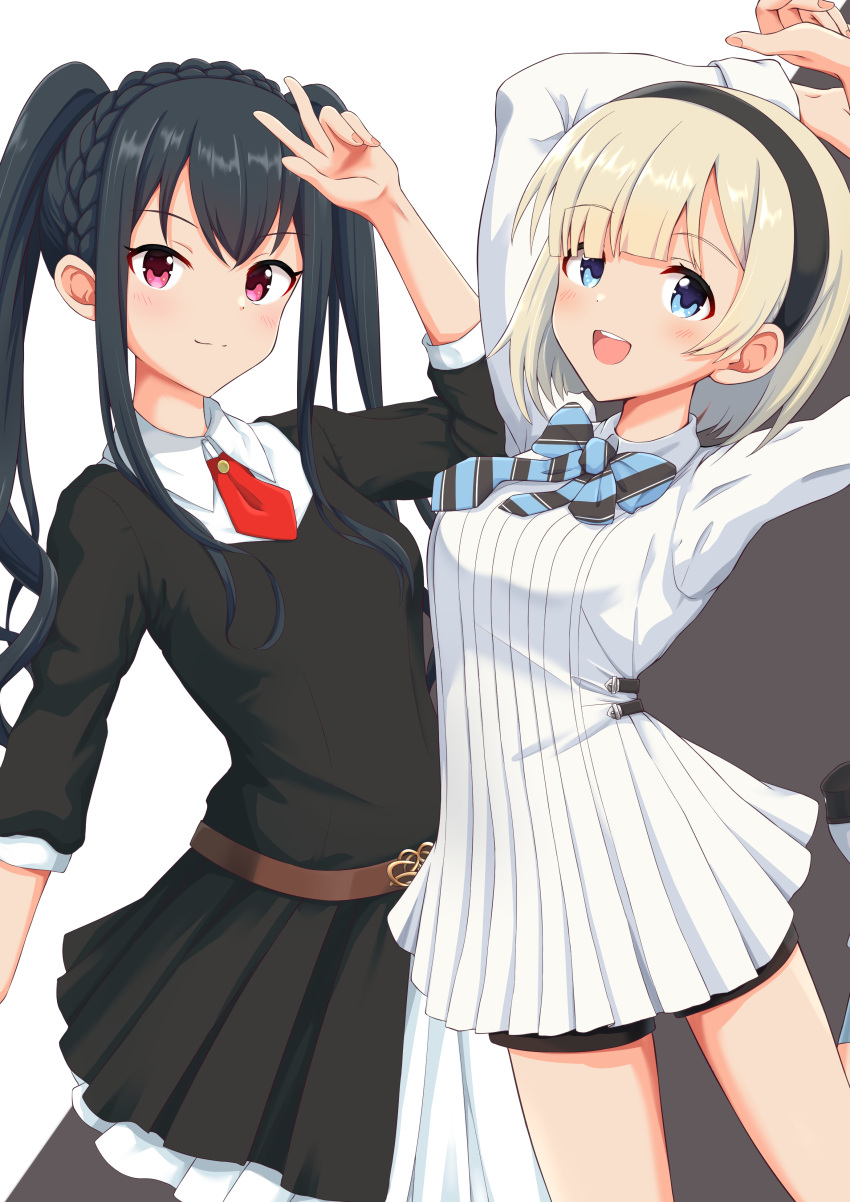 1girl 2girls absurdres arm_up arms_up aya_(idolmaster_starlit_season) belt bike_shorts black_dress black_hair black_hairband blonde_hair blue_eyes blush boots bow braid breasts brown_belt closed_mouth dot_nose dress hairband highres idolmaster idolmaster_starlit_season knee_boots large_breasts long_hair long_sleeves looking_at_viewer multiple_girls nagmilk necktie okuzora_kohaku open_mouth red_necktie short_hair simple_background small_breasts smile standing standing_on_one_leg striped striped_bow teeth twintails two-tone_background two-tone_bowtie upper_teeth_only violet_eyes w white_dress