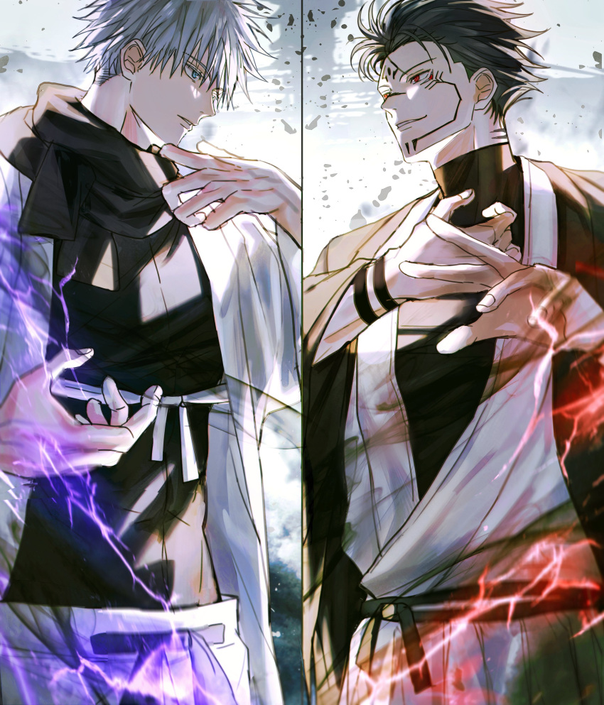 2boys absurdres arm_tattoo black_hair black_robe blue_eyes dmsco1803 electricity facial_tattoo fushiguro_megumi gojou_satoru highres jujutsu_kaisen male_focus multiple_boys red_eyes robe ryoumen_sukuna_(jujutsu_kaisen) tattoo white_background white_hair white_robe