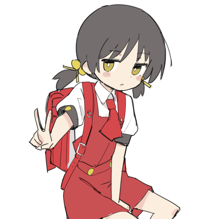 1girl arm_between_legs backpack bag black_hair blush_stickers bright_pupils collared_shirt dress expressionless feet_out_of_frame female_child fusazakura hair_bobbles hair_ornament hand_up highres invisible_chair jitome kaai_yuki looking_at_viewer medium_hair necktie open_mouth outstretched_arm pinafore_dress puffy_short_sleeves puffy_sleeves randoseru red_bag red_dress red_necktie shirt short_dress short_sleeves simple_background sitting sleeveless sleeveless_dress solo v vocaloid white_background white_pupils white_shirt yellow_eyes