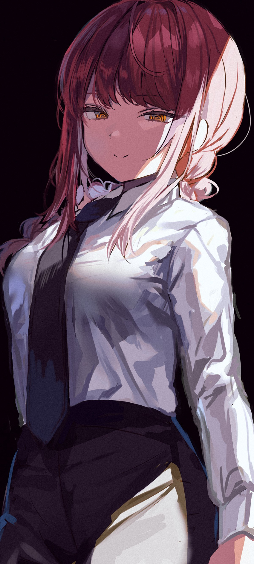 1girl absurdres black_background black_necktie black_pants braid chainsaw_man closed_mouth commentary high-waist_pants highres inudogsaikou long_hair long_sleeves looking_at_viewer makima_(chainsaw_man) necktie pants redhead shirt sidelocks simple_background smile solo upper_body white_shirt yellow_eyes
