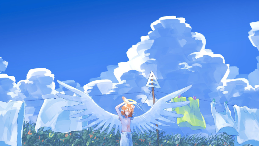 1boy angel angel_devil_(chainsaw_man) angel_wings arms_up blue_sky brown_hair chainsaw_man closed_eyes clothesline clouds cloudy_sky day halo highres kumanooppo outdoors short_hair shorts sky solo stretching topless_male white_shorts white_wings wide_shot wings