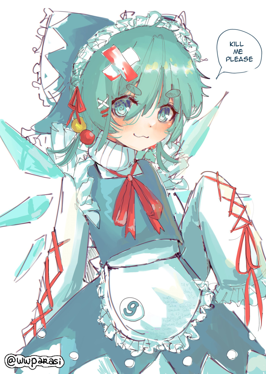 1girl :3 @_@ absurdres apron bandages blood blood_on_bandages blue_bow blue_eyes blue_hair blue_skirt blue_vest blush bow cirno cowboy_shot dot_nose english_text frilled_apron frilled_bow frilled_sleeves frills hair_bow highres hikimayu ice ice_wings maid_headdress neck_ribbon red_ribbon ribbon shirt short_hair short_twintails skirt sleeves_past_fingers sleeves_past_wrists speech_bubble thick_eyebrows touhou twintails twitter_username very_long_sleeves vest waist_apron white_background white_shirt wings wwparasi