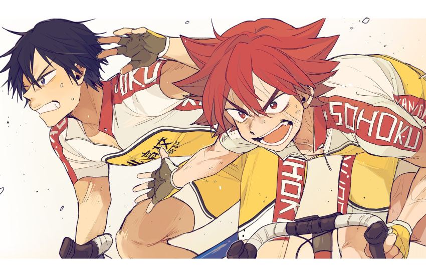 2boys bicycle black_eyes black_gloves black_hair cycling_uniform cyclist fingerless_gloves gloves highres imaizumi_shunsuke long_hair looking_at_viewer looking_to_the_side male_focus multiple_boys naruko_shoukichi ninonuko red_eyes redhead riding riding_bicycle short_hair short_sleeves very_short_hair yowamushi_pedal