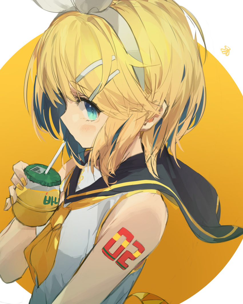 1girl absurdres aqua_eyes bare_arms bare_shoulders black_sailor_collar blonde_hair bow drink drinking drinking_straw flat_chest hair_bow hair_ornament hairband hairclip highres holding holding_drink kagamine_rin light_blush looking_at_viewer mihoranran neckerchief number_tattoo orange_background sailor_collar sailor_shirt shirt shoulder_tattoo sideways_glance sleeveless sleeveless_shirt solo tattoo treble_clef vocaloid white_bow yellow_nails yellow_neckerchief