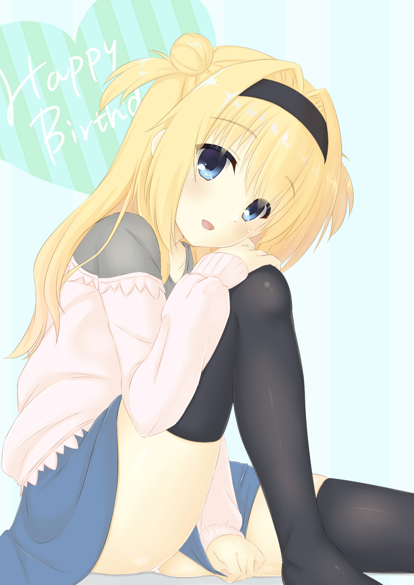 1girl :d black_hairband black_thighhighs blonde_hair blue_background blue_eyes blue_skirt blush casual chitose_sana covering covering_crotch eyelashes eyes_visible_through_hair hair_between_eyes hair_bun hair_intakes hairband hand_on_own_knee happy_birthday heart highres hirocchi knee_up leaning_forward legs long_hair long_sleeves looking_at_viewer miniskirt no_shoes open_mouth panties panty_peek sidelocks simple_background sitting skirt smile solo sweater tenshinranman thigh-highs thighs two_side_up underwear white_panties white_sweater zettai_ryouiki