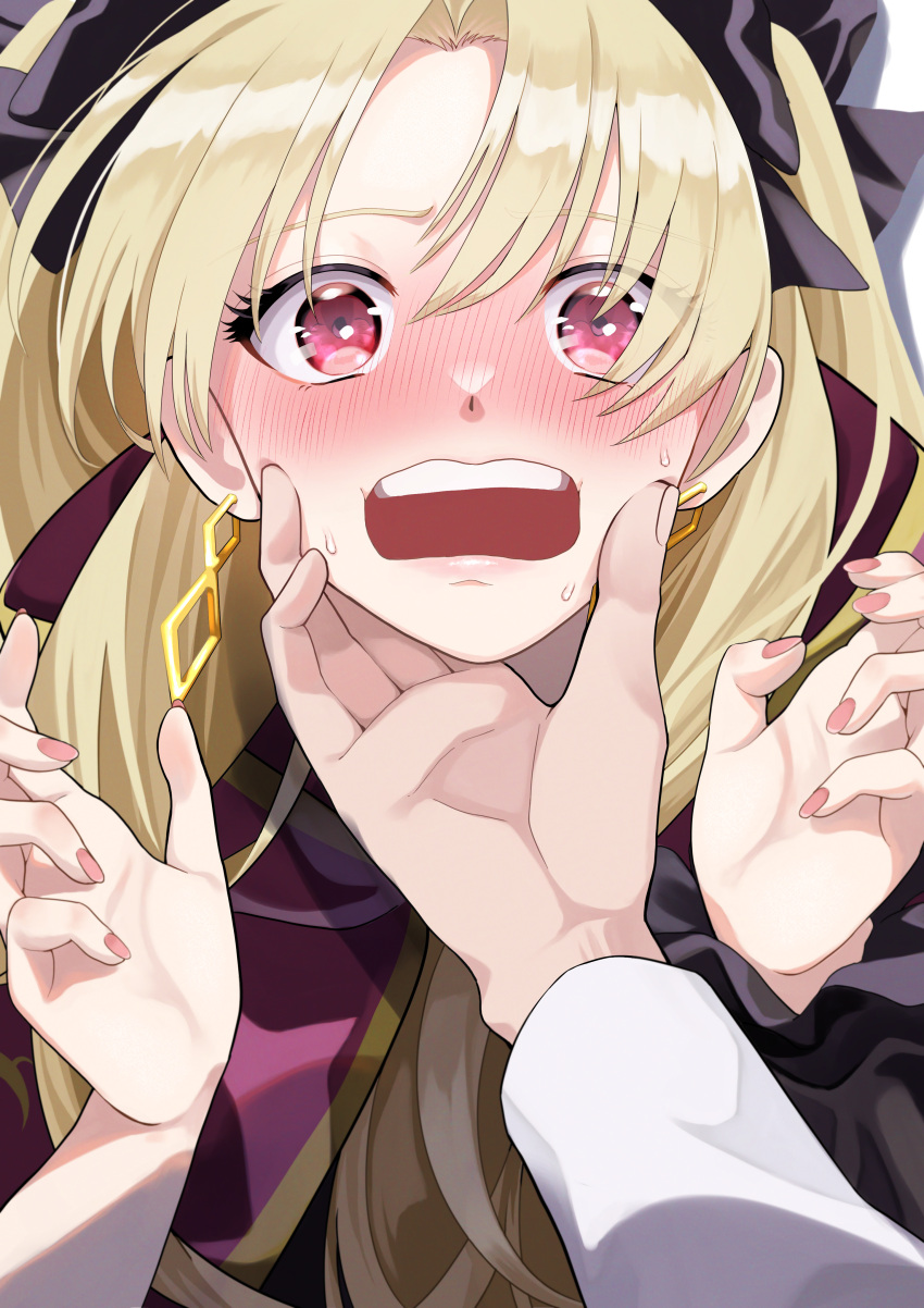 1boy 1girl absurdres black_ribbon black_sleeves blonde_hair blush cape check_commentary commentary commentary_request earrings ereshkigal_(fate) fate/grand_order fate_(series) fujimaru_ritsuka_(male) fuku_dan hair_ribbon hand_on_another's_chin hetero highres holding jewelry long_hair looking_at_viewer nose_blush open_hands open_mouth parted_bangs pink_nails pov red_eyes ribbon simple_background sweatdrop teeth upper_teeth_only very_long_hair white_background white_sleeves