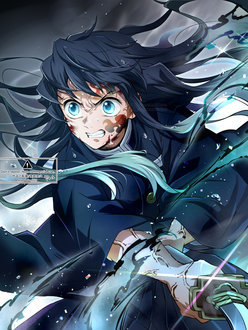 1boy artist_name blood blood_on_face blue_eyes blue_hair blue_jacket blue_pants buttons dandel dark_blue_hair gradient_background gradient_hair grey_background hands_up highres holding holding_sword holding_weapon jacket katana kimetsu_no_yaiba long_hair long_sleeves looking_to_the_side male_focus mandarin_collar multicolored_hair pants solo sparkle sword teeth tokitou_muichirou v-shaped_eyebrows veins watermark weapon white_background wide_sleeves