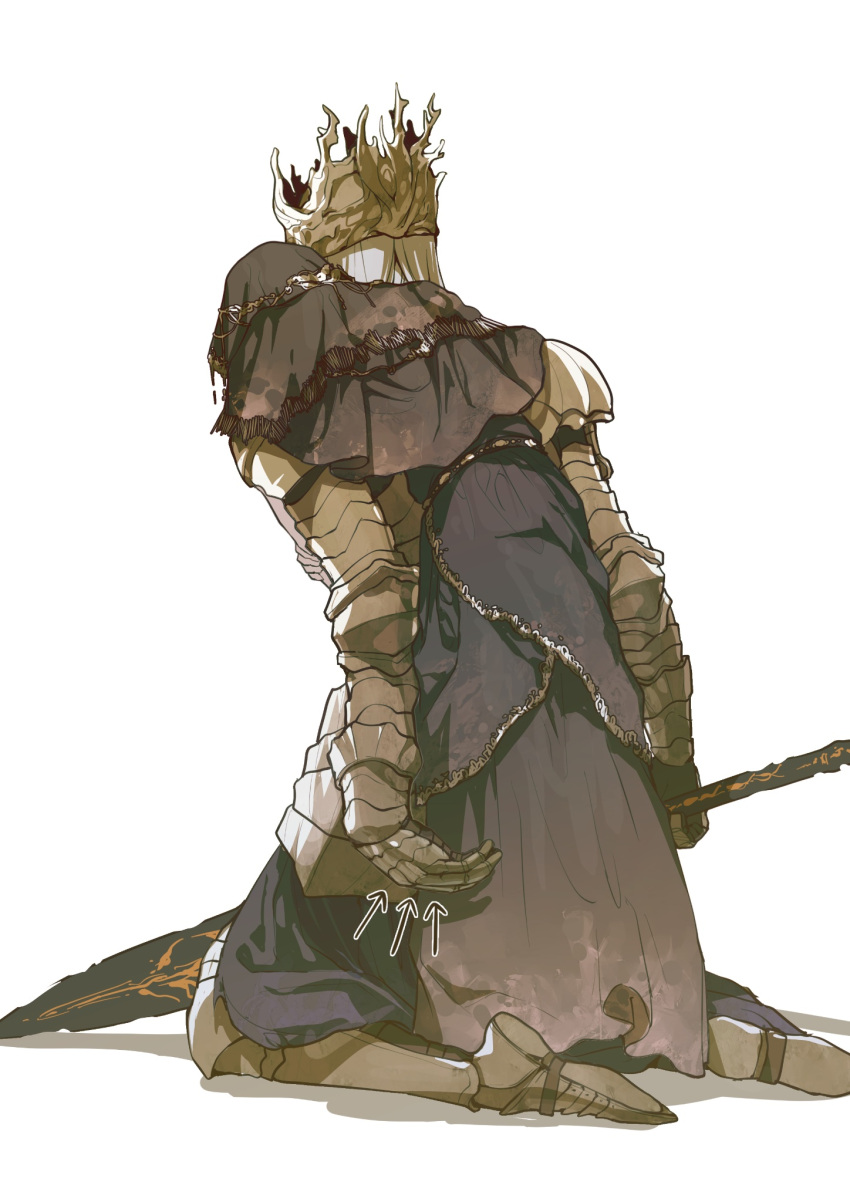 2boys armor arrow_(symbol) black_robe brothers carrying crown cuso4_suiwabutu dark_souls_(series) dark_souls_iii from_behind full_armor grey_hair highres holding holding_sword holding_weapon hood hood_up hooded_robe kneeling long_hair lorian_(elder_prince) lothric_(younger_prince) male_focus multiple_boys piggyback robe siblings simple_background sword weapon white_background