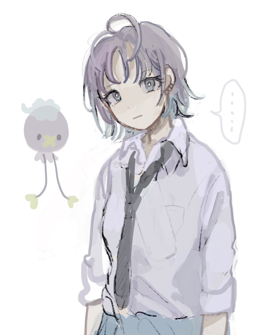 ... 1girl :| arms_at_sides asakura_toru black_necktie blue_hair bright_pupils choppy_bangs closed_mouth commentary_request crossover dress_shirt drifloon expressionless grey_eyes grey_hair highres idolmaster idolmaster_shiny_colors iemi looking_at_viewer loose_necktie messy_hair multicolored_hair necktie pokemon pokemon_(creature) popped_collar shirt short_hair simple_background solo spoken_ellipsis two-tone_hair upper_body white_background white_pupils