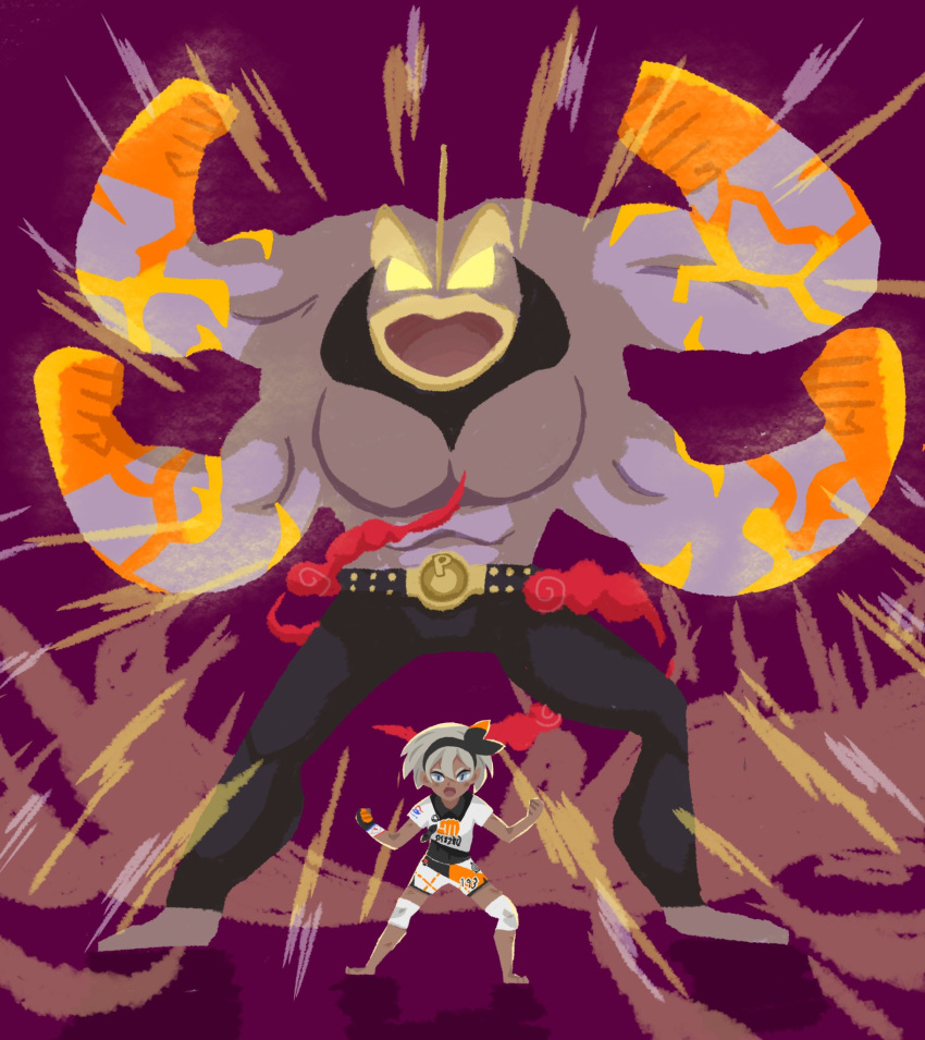 1girl :o barefoot bea_(pokemon) black_bodysuit black_hairband bodysuit bodysuit_under_clothes bow_hairband clenched_hands commentary_request gigantamax gigantamax_machamp gloves hair_between_eyes hairband highres knee_pads legs_apart looking_at_viewer machamp open_mouth pokemon pokemon_(creature) pokemon_(game) pokemon_swsh print_shirt print_shorts shirt short_hair short_sleeves shorts single_glove tomozo_(muginosukejr) w_arms