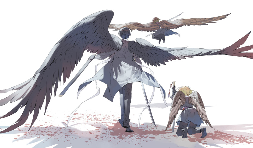 1girl 2boys absurdres bird_wings black_footwear black_hair black_kimono black_pants black_wings blonde_hair blood_on_ground brown_hair brown_wings devy_lobotomy feathered_wings flying full_body highres holding holding_sheath japanese_clothes kimono kneeling limbus_company long_sleeves multiple_boys outis_(limbus_company) pants project_moon sheath shoes simple_background sinclair_(limbus_company) sword weapon white_background wings yi-sang_(limbus_company)