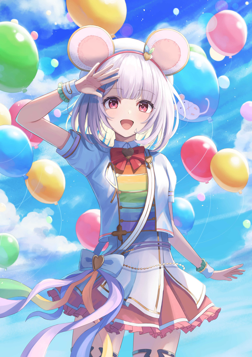 1girl :d absurdres animal_ears arm_up balloon blue_sky blush bow brooch clouds collared_shirt fake_animal_ears frilled_skirt frills granblue_fantasy heart heart_brooch highres jacket jewelry looking_at_viewer mouse_ears niccoriii open_mouth outdoors pink_skirt red_bow red_eyes shading_eyes shirt short_hair short_sleeves skirt sky smile solo vikala_(granblue_fantasy) white_hair white_jacket