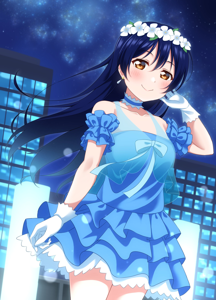 1girl absurdres arm_up bare_shoulders blush building choker city city_lights cowboy_shot dress earrings flower_wreath frilled_dress frilled_skirt frills gloves hair_between_eyes haruharo_(haruharo_7315) head_wreath highres jewelry long_hair looking_at_viewer love_live! love_live!_school_idol_project night night_sky outdoors ribbon skirt sky smile solo sonoda_umi standing star_(sky) starry_sky white_gloves yellow_eyes