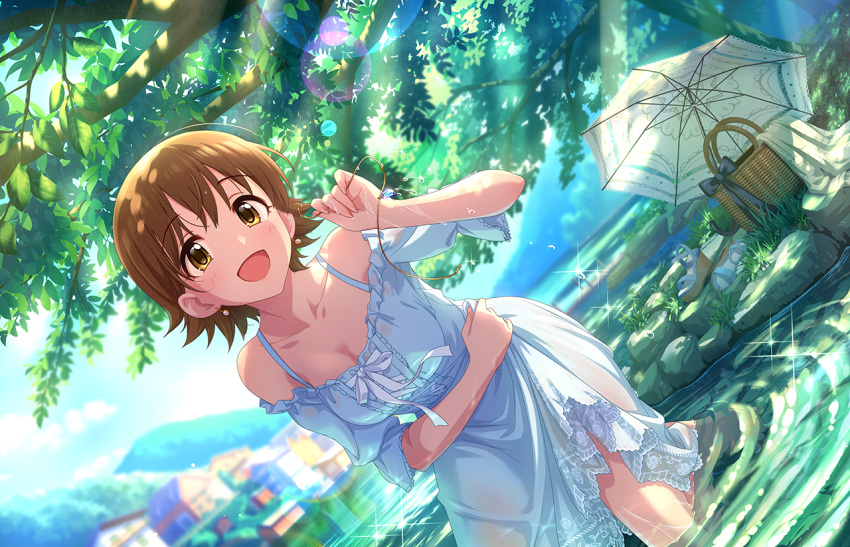 1girl brown_eyes brown_hair day dress earrings honda_mio idolmaster_cinderella_girls_starlight_stage looking_at_viewer official_art open_mouth short_hair smile solo sparkle sunlight tree tree_shade water
