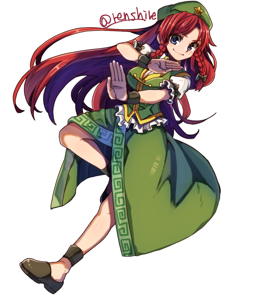 1girl beret black_footwear blue_eyes braid closed_mouth commentary full_body green_headwear green_skirt green_vest hat hat_ornament highres hong_meiling long_hair looking_at_viewer redhead renshirenji short_sleeves side_braids simple_background skirt smile solo star_(symbol) star_hat_ornament touhou twin_braids twitter_username vest white_background wristband