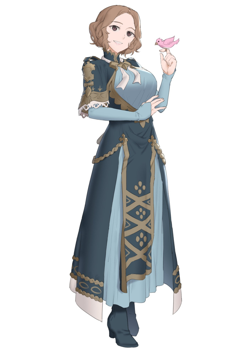 1girl alternate_costume animal bird bird_on_hand black_nails blue_capelet blue_dress blue_footwear breasts brown_eyes brown_hair capelet commentary commission cosplay crossover dress ebinku english_commentary fire_emblem fire_emblem:_three_houses forehead full_body grin highres long_sleeves looking_at_viewer marianne_von_edmund marianne_von_edmund_(cosplay) medium_breasts neck_ribbon okumura_haru persona persona_5 ribbon simple_background sleeves_past_wrists smile voice_actor_connection white_background white_ribbon xanthe_huynh