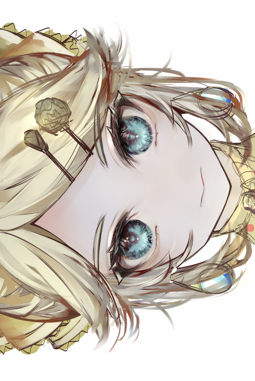 1girl absurdres aqua_eyes blonde_hair bow choker close-up closed_mouth colored_eyelashes commentary earrings evillious_nendaiki exif_rotation expressionless eyelashes frilled_choker frills hair_bow hair_ornament hairclip highres jewelry kagamine_rin looking_at_viewer nept_o portrait riliane_lucifen_d'autriche serious sidelocks solo straight-on swept_bangs tsurime updo vocaloid yellow_background yellow_bow yellow_choker