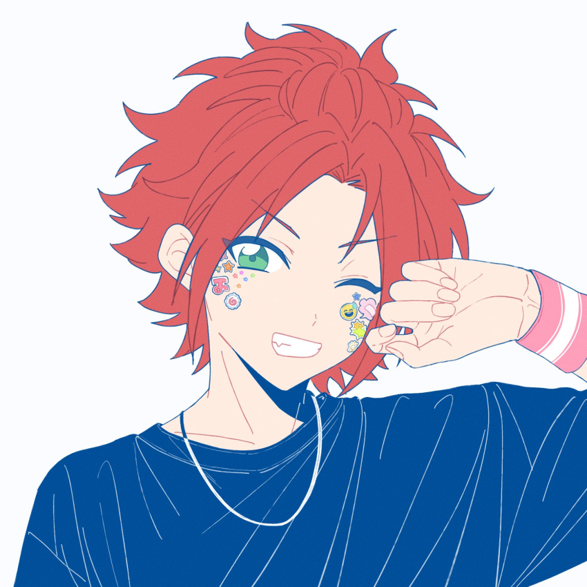 1boy bangs_pinned_back black_shirt ensemble_stars! fingernails green_eyes highres isara_mao jewelry llli_illli_illl looking_at_viewer male_focus necklace one_eye_closed redhead shirt short_hair simple_background smile solo sticker_on_face teeth white_background wristband