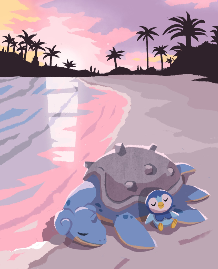 closed_eyes closed_mouth clouds commentary_request highres lapras lying no_humans on_stomach outdoors palm_tree piplup pokemon pokemon_(creature) sand shore silhouette sky sleeping smile tomozo_(muginosukejr) tree water