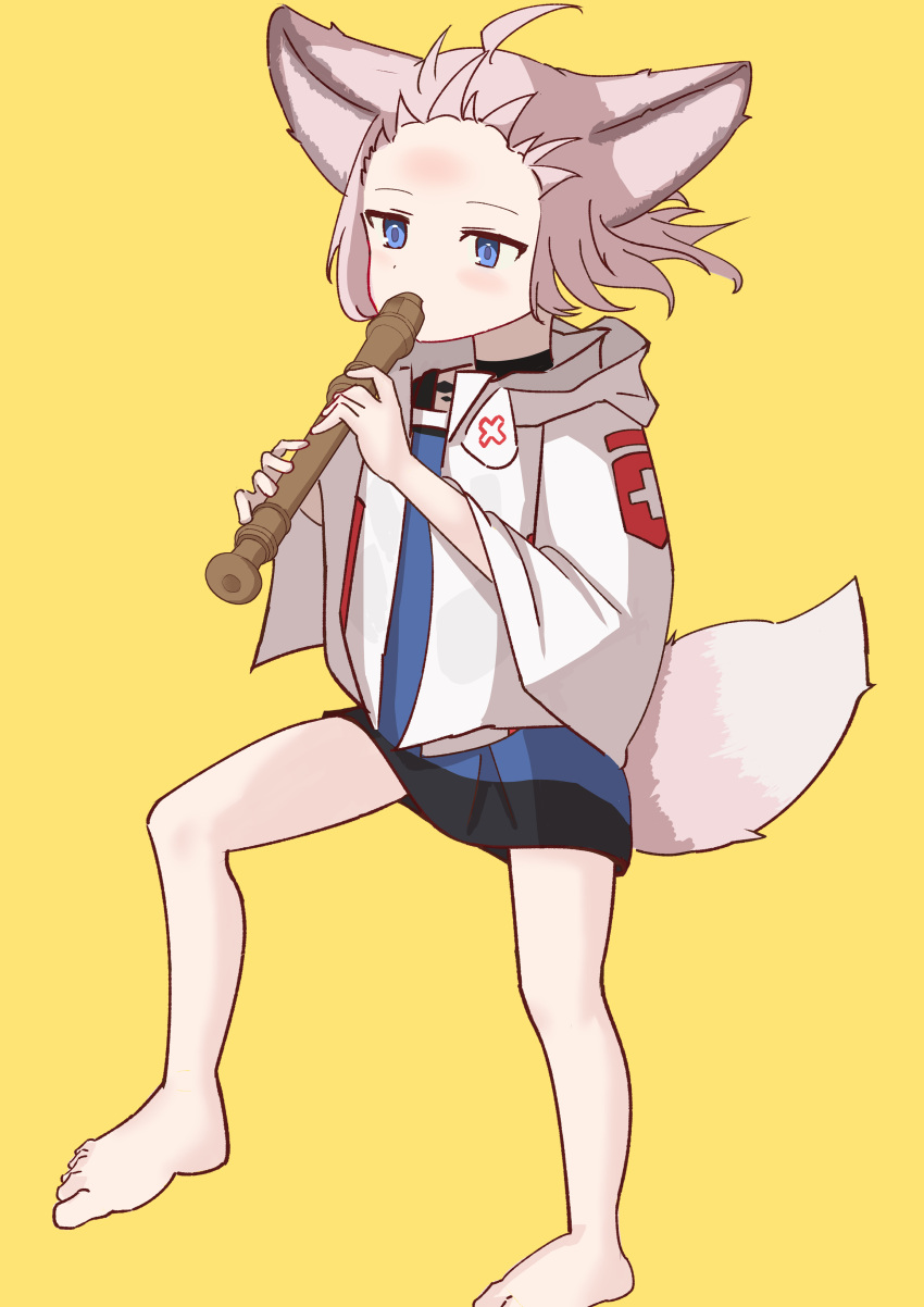 1girl absurdres animal_ears arknights bare_arms barefoot black_choker blue_eyes blue_shirt blush brown_hair choker commentary_request conripi forehead fox_ears fox_girl fox_tail highres holding holding_instrument instrument jacket kyoufuu_all_back_(vocaloid) long_sleeves open_clothes open_jacket recorder shirt simple_background solo standing sussurro_(arknights) tail white_jacket wide_sleeves yellow_background