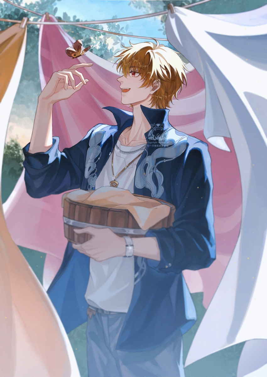1boy blue_jacket blue_pants blue_sky brown_eyes brown_hair bug butterfly highres jacket jewelry key kuailewa luke_pearce_(tears_of_themis) male_focus necklace open_clothes open_jacket open_mouth orange_butterfly outdoors pants shirt short_hair sky solo tears_of_themis watch watch white_shirt