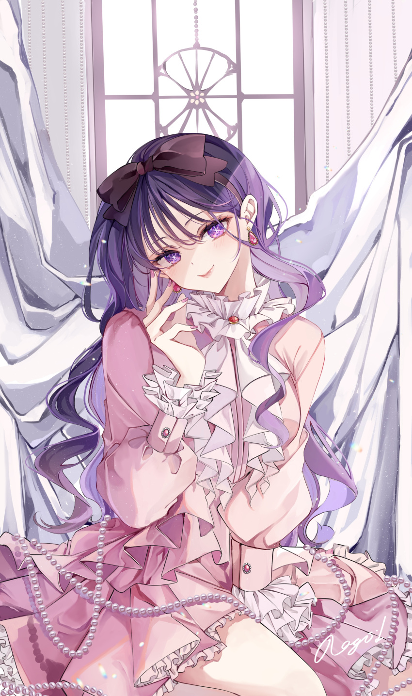 1girl absurdres arm_between_legs black_bow bow bow_hairband closed_mouth commentary dress earrings frilled_dress frilled_sleeves frills hairband head_tilt highres hoshino_ai_(oshi_no_ko) jewelry long_hair looking_at_viewer nagihaha nail_polish official_alternate_costume oshi_no_ko pink_dress pink_nails purple_hair signature smile solo star-shaped_pupils star_(symbol) symbol-shaped_pupils violet_eyes
