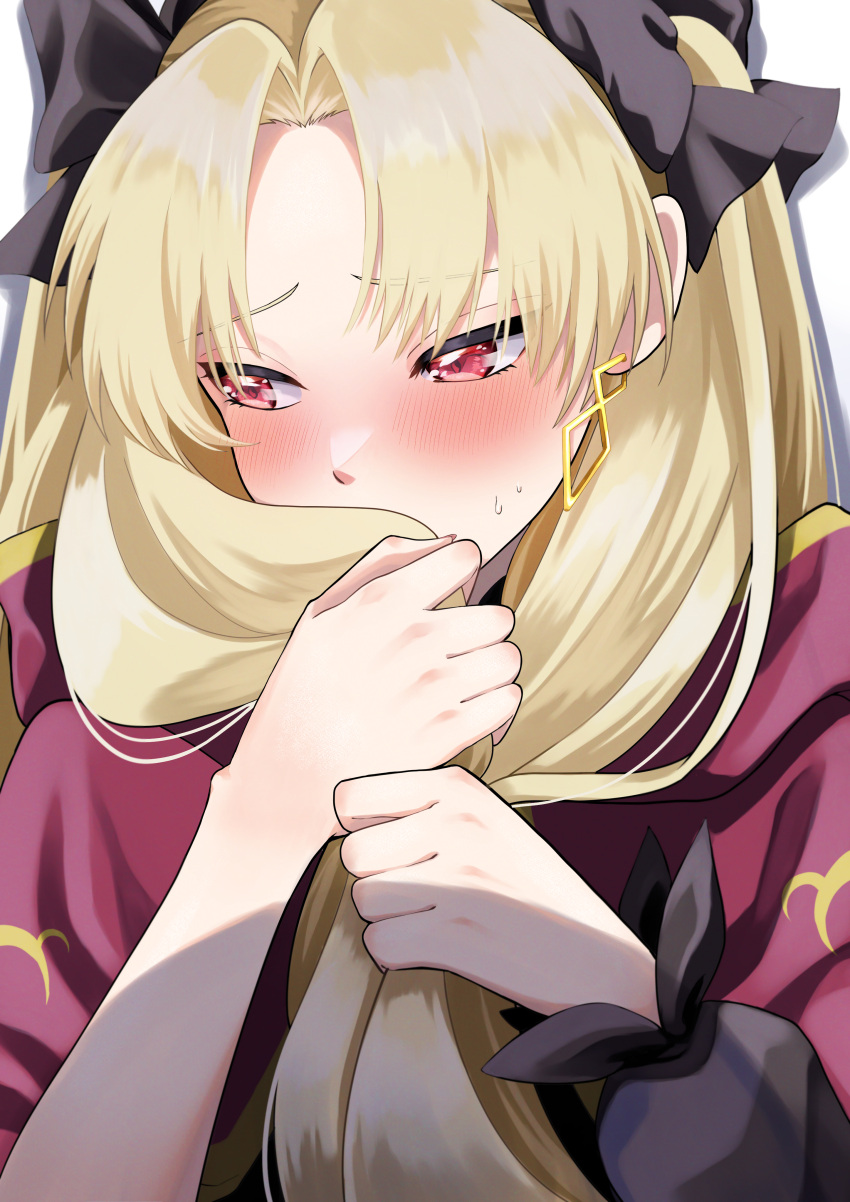 1girl absurdres black_ribbon blonde_hair blush cape check_commentary commentary commentary_request covering_mouth earrings ereshkigal_(fate) fate/grand_order fate_(series) fuku_dan hair_ribbon highres holding holding_hair jewelry looking_away parted_bangs red_cape red_eyes ribbon shadow simple_background single_sleeve white_background