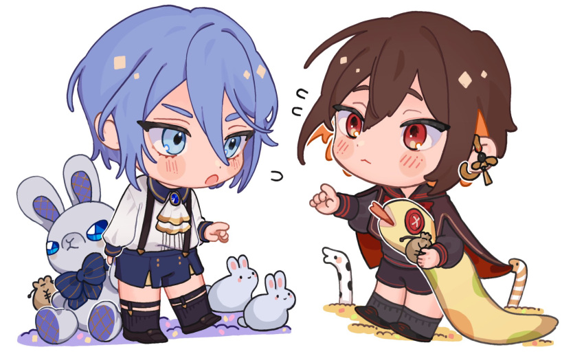 2boys aged_down bishounen blue_eyes blue_hair brown_eyes brown_hair chibi colored_inner_hair ear_piercing edmond_(nu_carnival) gem girly_boy highres holding holding_stuffed_toy light_blue_hair long_sleeves looking_at_another looking_at_viewer male_focus multicolored_hair multiple_boys nu_carnival piercing red_eyes short_hair stuffed_animal stuffed_rabbit stuffed_snake stuffed_toy yakumo_(nu_carnival) zuix