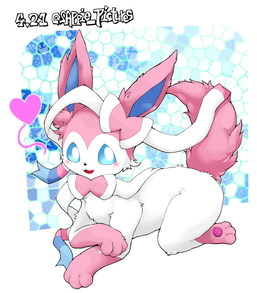 :3 animal_focus artist_name blue_background blue_sclera border bow bowtie colored_sclera commentary_request dated full_body hair_bow happy highres looking_to_the_side no_humans open_mouth outline outside_border pawpads pink_bow pink_bowtie pokemon pokemon_(creature) ribbon signature sitting smile solo sylveon twitter_username white_border white_eyes white_outline white_ribbon yukkuringo