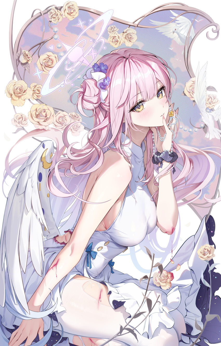 1girl absurdres bare_shoulders blue_archive blush breasts buttons double-breasted dress feathered_wings flower hair_bun hair_flower hair_ornament hair_scrunchie halo highres houkisei large_breasts long_hair looking_at_viewer low_wings mika_(blue_archive) pantyhose pink_hair rose scrunchie sidelocks single_side_bun smile solo thighs torn_clothes torn_pantyhose white_dress white_pantyhose wings wrist_scrunchie yellow_eyes