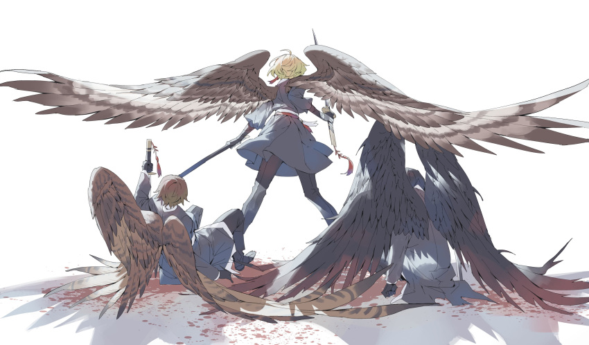 1girl 2boys absurdres bird_wings black_footwear black_gloves black_hair black_pants black_wings blonde_hair blood_on_ground brown_wings devy_lobotomy feathered_wings from_behind gloves highres holding holding_sheath holding_sword holding_weapon limbus_company multiple_boys outis_(limbus_company) pants project_moon sheath shoes simple_background sinclair_(limbus_company) sitting standing sword weapon white_background wings yi-sang_(limbus_company)