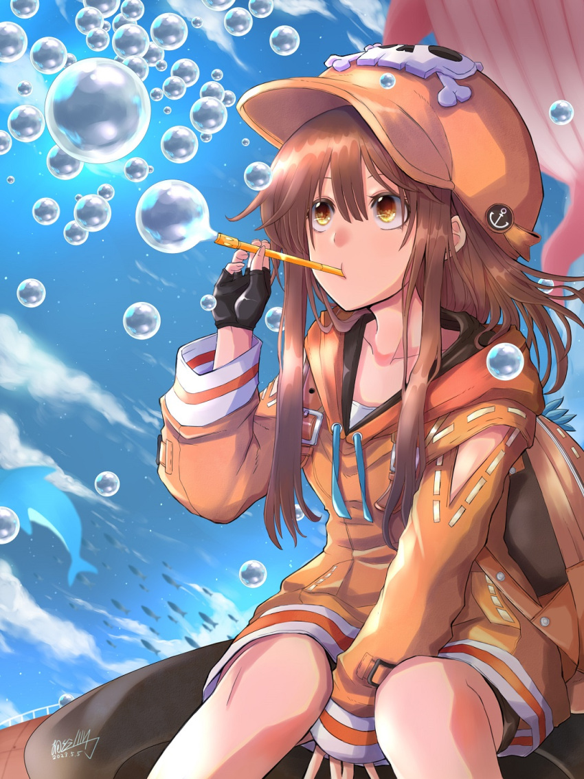 1girl anchor_symbol backpack bag birthday black_gloves blue_sky brown_eyes brown_hair bubble bubble_blowing clouds collarbone dated english_commentary fingerless_gloves gloves guilty_gear guilty_gear_strive hair_between_eyes highres jacket long_hair mariebell may_(guilty_gear) orange_headwear orange_jacket pipe_in_mouth sidelocks signature skull_and_crossbones sky smoking_pipe solo whale