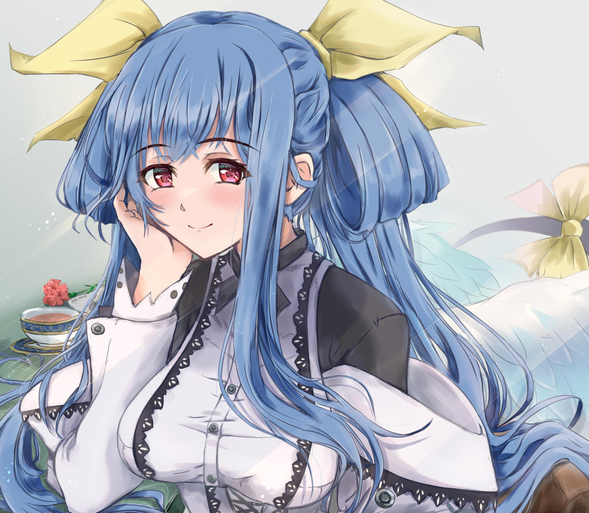 1girl angel_wings arm_support asymmetrical_wings blue_hair blush breasts closed_mouth commentary_request cup dizzy_(guilty_gear) dress flower guilty_gear guilty_gear_xrd hair_ribbon hair_rings hand_on_own_face highres large_breasts light_rays long_hair looking_at_viewer maid mother's_day nt50 off-shoulder_dress off_shoulder plate red_eyes ribbon rose sidelocks smile solo sunbeam sunlight tail tail_ornament tail_ribbon tea teacup twintails wings yellow_ribbon