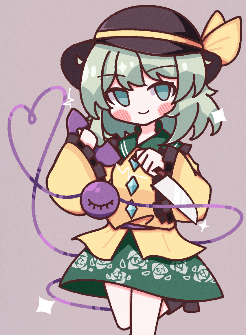 1girl absurdres black_headwear blush bow buttons diamond_button floral_print frilled_shirt_collar frilled_sleeves frills green_eyes green_hair green_skirt hat hat_bow heart heart_of_string highres holding holding_knife holding_phone knife komeiji_koishi leg_up light_green_hair long_sleeves medium_hair phone rose_print shirt simple_background skirt sleeves_past_wrists smile solo sparkle standing standing_on_one_leg third_eye touhou waroemon weapon yellow_bow yellow_shirt