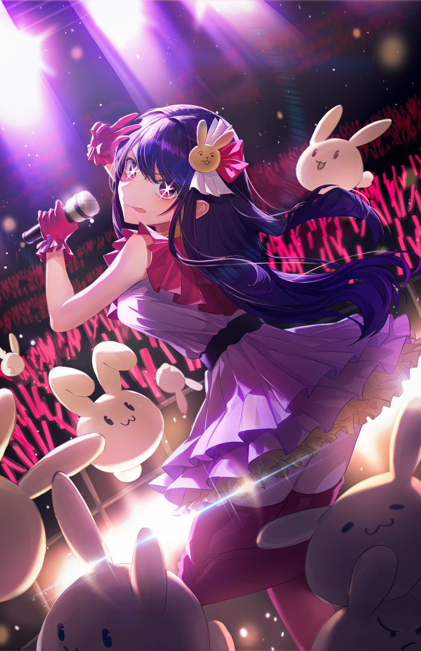 1girl absurdres belt black_belt boots closed_mouth commentary dress dutch_angle frilled_dress frilled_gloves frills gloves glowstick hair_between_eyes hair_ornament highres holding holding_microphone hoshino_ai_(oshi_no_ko) idol idol_clothes jun9 light_particles long_hair looking_at_viewer looking_to_the_side microphone oshi_no_ko pink_dress pink_gloves purple_hair rabbit rabbit_hair_ornament sidelocks solo sparkle stage_lights star-shaped_pupils star_(symbol) swept_bangs symbol-shaped_pupils thigh_boots tongue violet_eyes w zettai_ryouiki