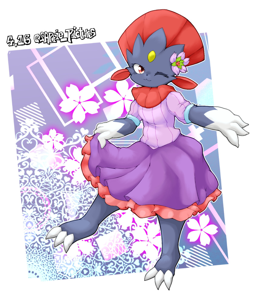 1girl :3 animal_ears animal_feet animal_hands arm_up artist_name barefoot border breasts claws closed_mouth clothed_pokemon commentary_request dated feet floral_background flower forehead_jewel frilled_skirt frills full_body furry furry_female hair_flower hair_ornament happy highres looking_at_viewer one_eye_closed outline outside_border pokemon pokemon_(creature) purple_flower purple_shirt purple_skirt red_eyes red_trim ribbed_shirt shirt short_sleeves signature skirt skirt_hold small_breasts smile solo standing twitter_username weavile white_border white_outline yellow_gemstone yukkuringo