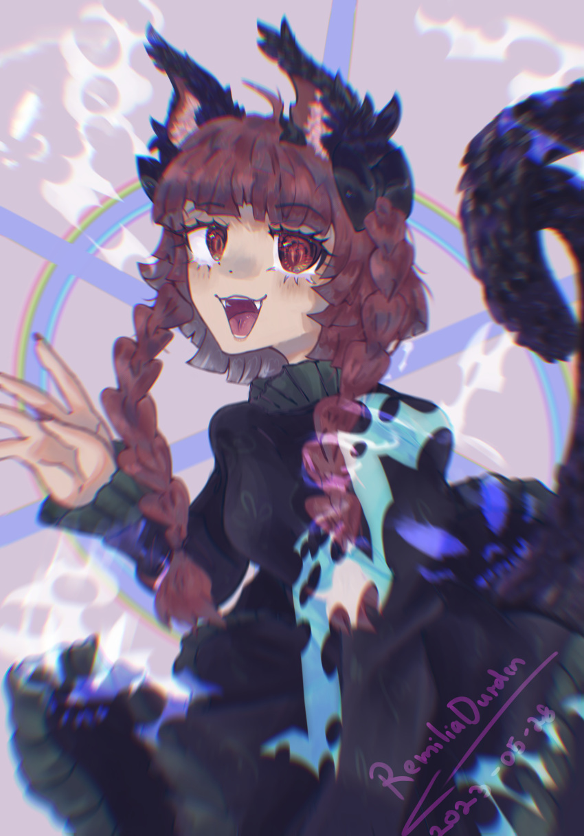 1girl :d absurdres animal_ears black_dress blush braid breasts cat_ears cat_tail chromatic_aberration dated dress english_commentary eyelashes fangs hand_up highres kaenbyou_rin long_sleeves looking_at_viewer multiple_tails nekomata open_mouth red_eyes redhead remiliadurden small_breasts smile solo tail touhou twin_braids two_tails